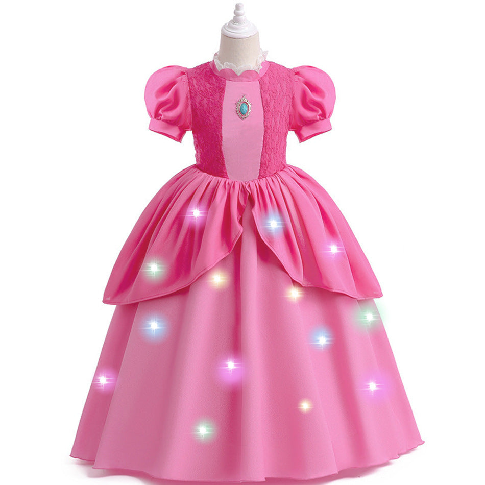 Kinder Super Mario LED  Princess  Peach Cosplay Kostüm Halloween Mädchen Karneval Party Verkleidung Anzug