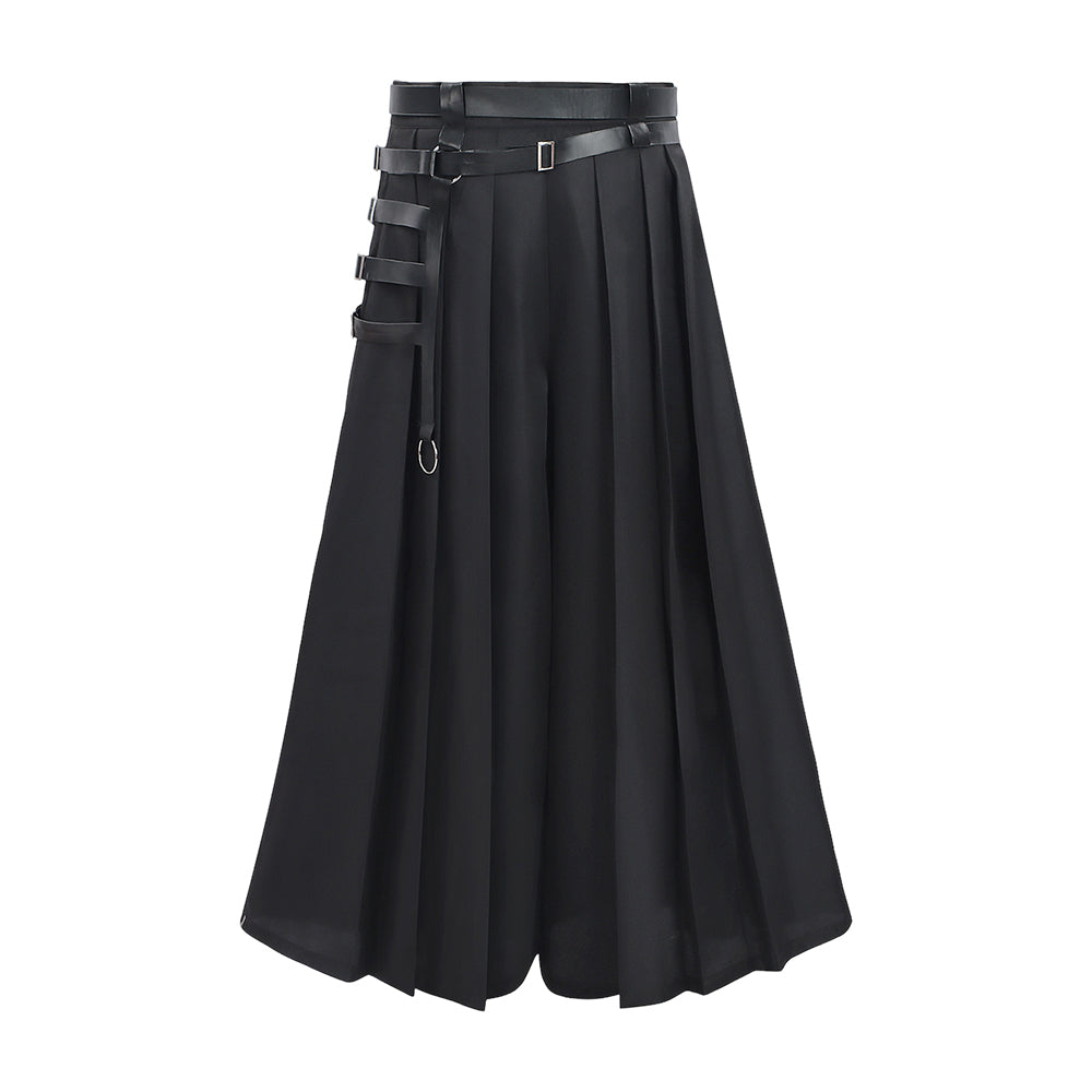 Herren Cyberpunk Gothic Samurai Hosenrock-Set – Schwarz, Steampunk Darkwear mit Riemen