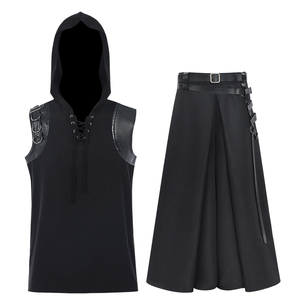 Herren Cyberpunk Gothic Samurai Hosenrock-Set – Schwarz, Steampunk Darkwear mit Riemen