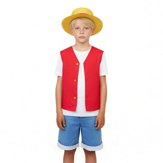 One piece Kinder Luffy Junge Cosplay Kostüm mit Mantel und Hose für Halloween Karneval und Partys