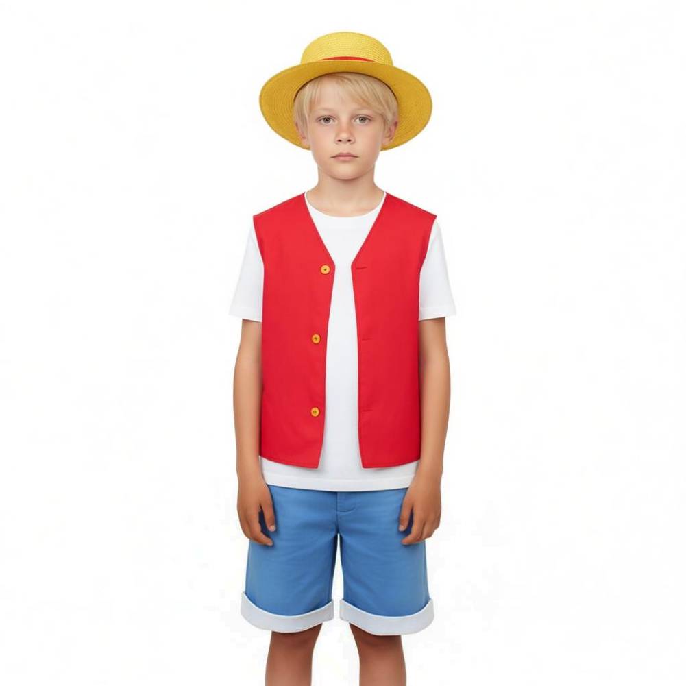One piece Kinder Luffy Cosplay Kostüm mit Mantel und Hose für Halloween Karneval und Partys