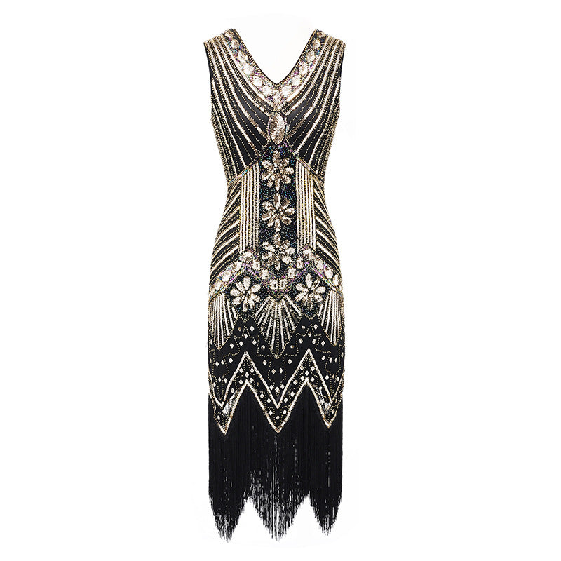 Damen Erwachsene Flapper Kleider Charleston Kleid Voller Pailletten Retro 1920er Jahre Stil V-Ausschnitt Motto Party Kostüm Kleid
