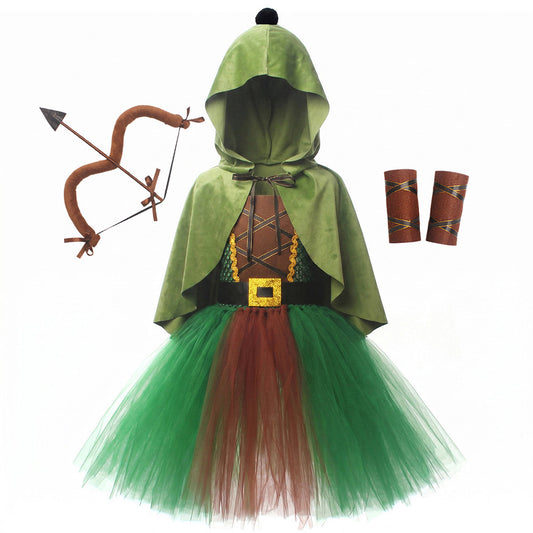 Kinder Mädchen Bogenschützin Kleid Kostüm für Halloween, Karneval oder Party – mittelalterlicher Waldjäger-Cosplay-Anzug