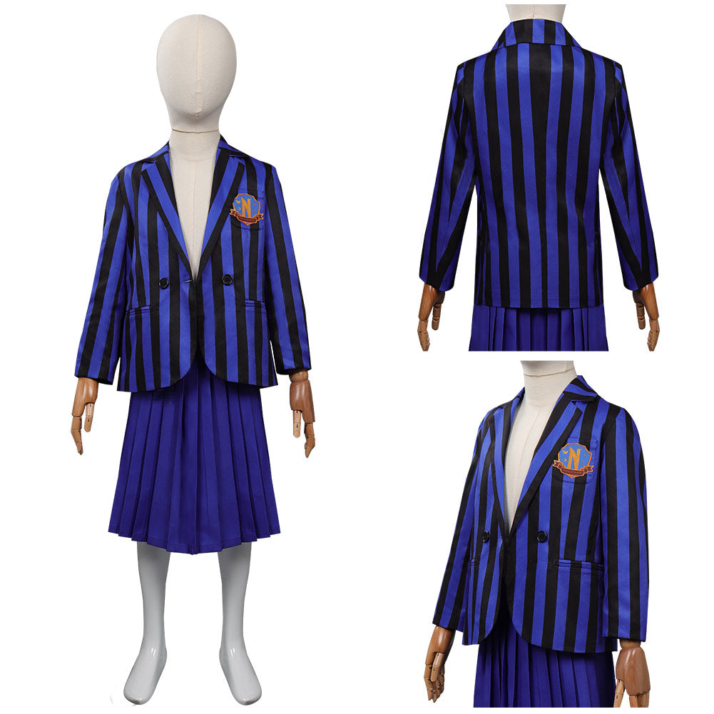 Kinder Mädchen Kostüm Mittwoch Addams in blauer Schuluniform Halloween Cosplay Outfit mit Rock