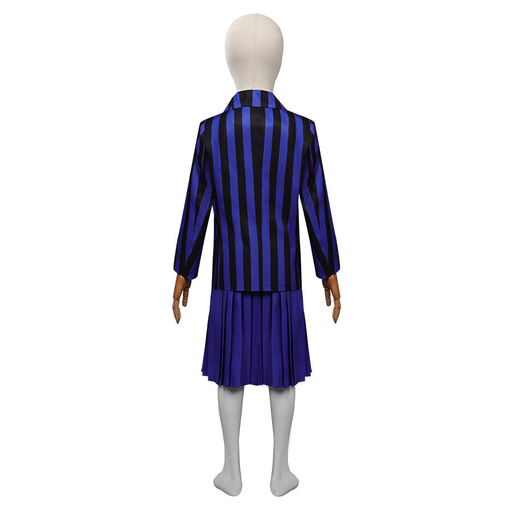 Kinder Mädchen Kostüm Mittwoch Addams in blauer Schuluniform Halloween Cosplay Outfit mit Rock