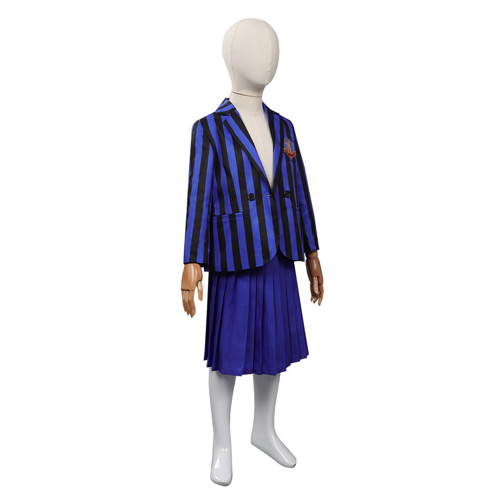 Kinder Mädchen Kostüm Mittwoch Addams in blauer Schuluniform Halloween Cosplay Outfit mit Rock