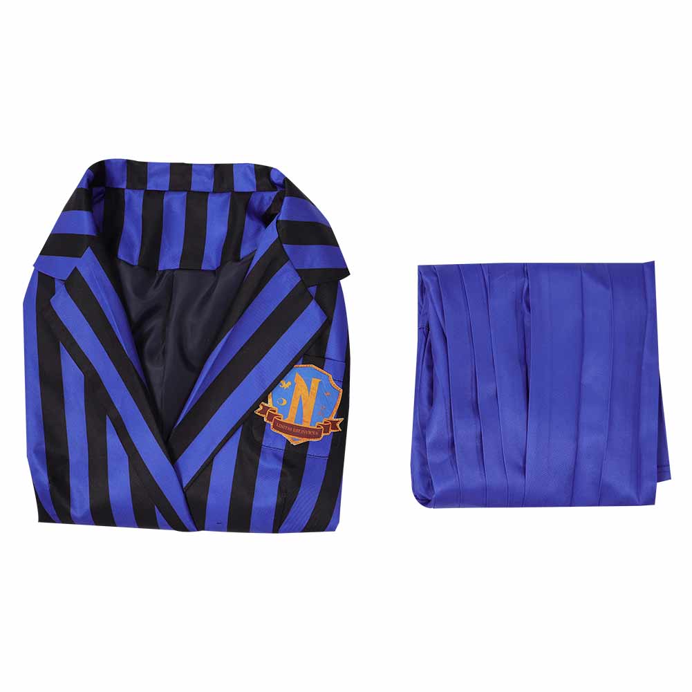 Kinder Mädchen Kostüm Mittwoch Addams in blauer Schuluniform Halloween Cosplay Outfit mit Rock