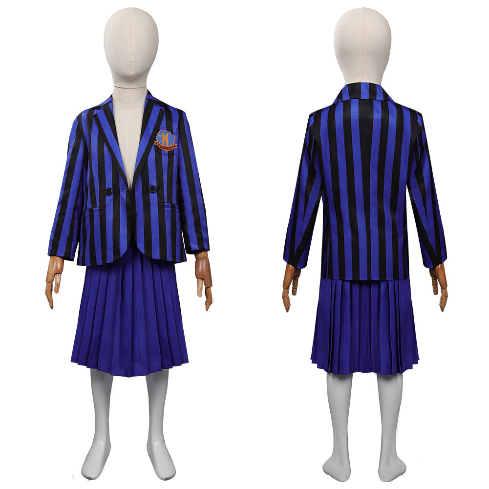 Kinder Mädchen Kostüm Mittwoch Addams in blauer Schuluniform Halloween Cosplay Outfit mit Rock