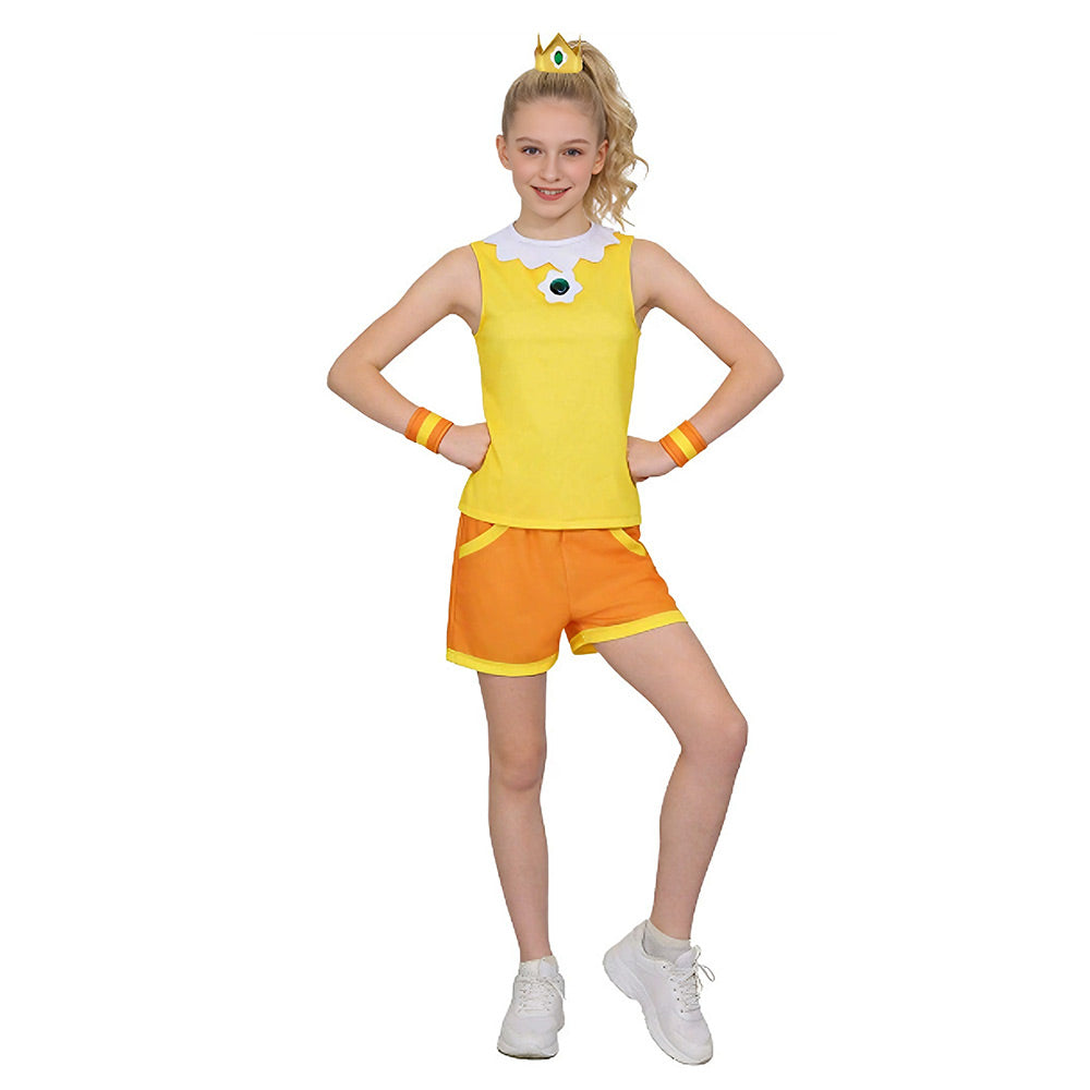 Kinder Mädchen Super Mario Prinzessin Daisy Cosplay-Kostüm für Halloween Karneval Partys