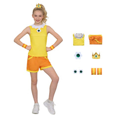 Kinder Mädchen Super Mario Prinzessin Daisy Cosplay-Kostüm für Halloween Karneval Partys
