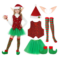 Kinder Mädchen Weihnachtskostüm mit roter Weste Rock und Ohren Cosplay Kostüm Party