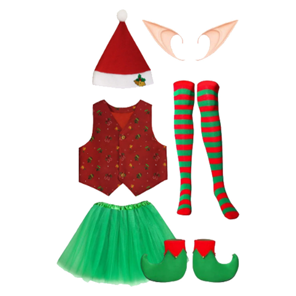 Kinder Mädchen Weihnachtskostüm mit roter Weste Rock und Ohren Cosplay Kostüm Party