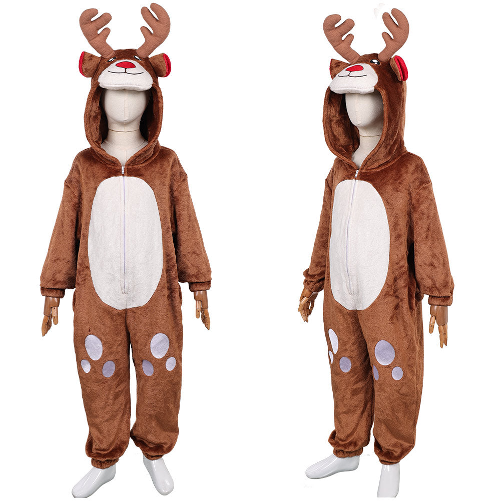 Kinder Tier Einteiliger Renntier Anzug Hirsch Weihnachten Halloween Kostüm Karnevalskostüm Braunes Hirschkostüm