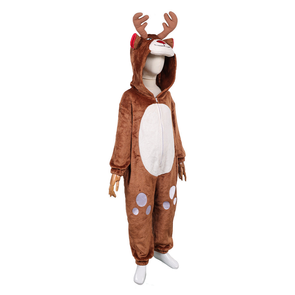 Kinder Tier Einteiliger Renntier Anzug Hirsch Weihnachten Halloween Kostüm Karnevalskostüm Braunes Hirschkostüm