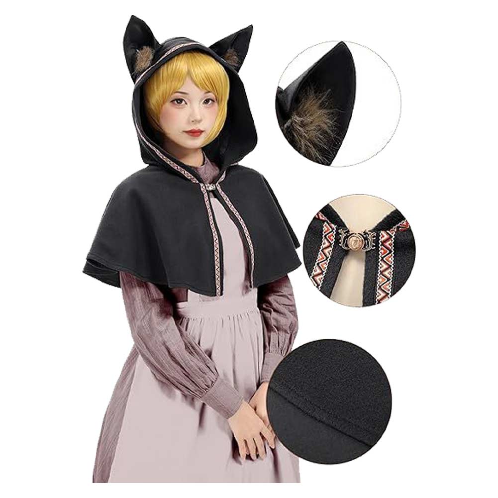 Mittelalterlicher Katzenohren schwarz Umhang – Komplett Halloween Karneval Kostüm für Rollenspiele & Fasching Veranstaltungen