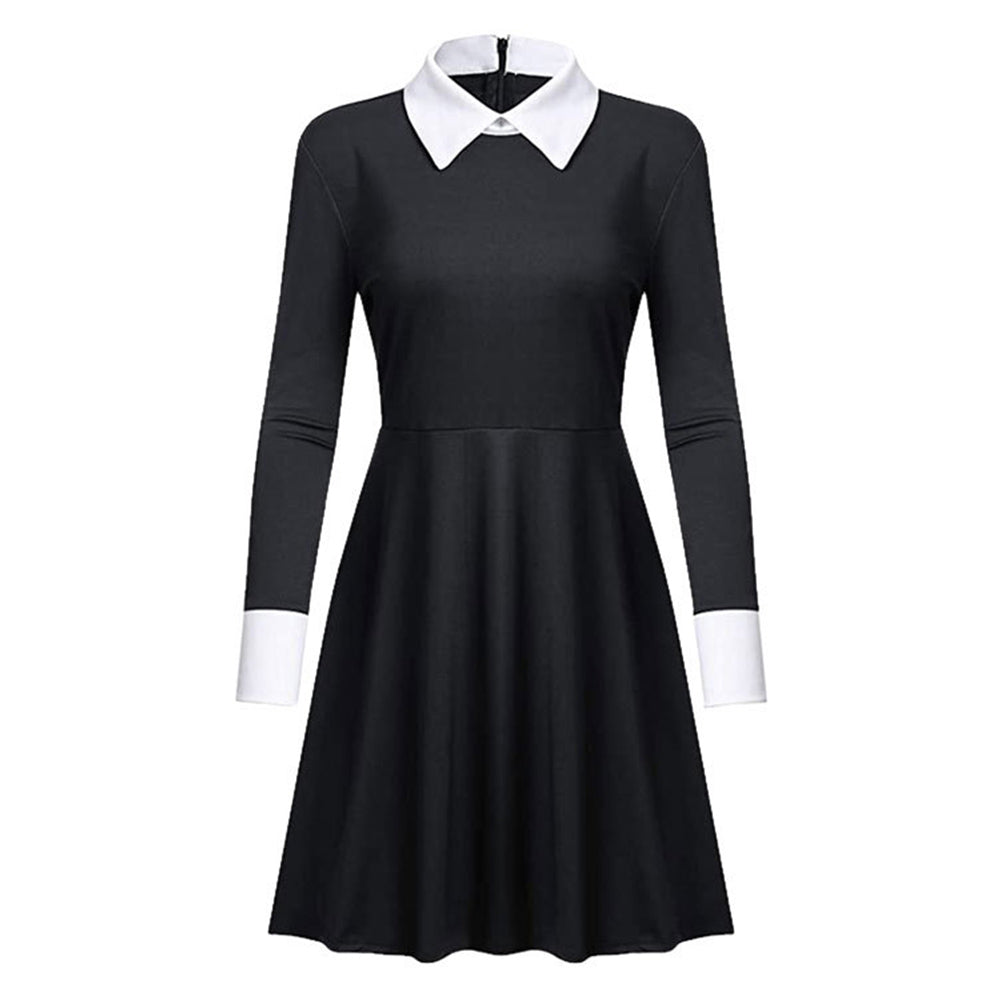 The Addams Family Damen schwarz Kleid Cosplay Kostüm Halloween Karneval Langarm Kleid