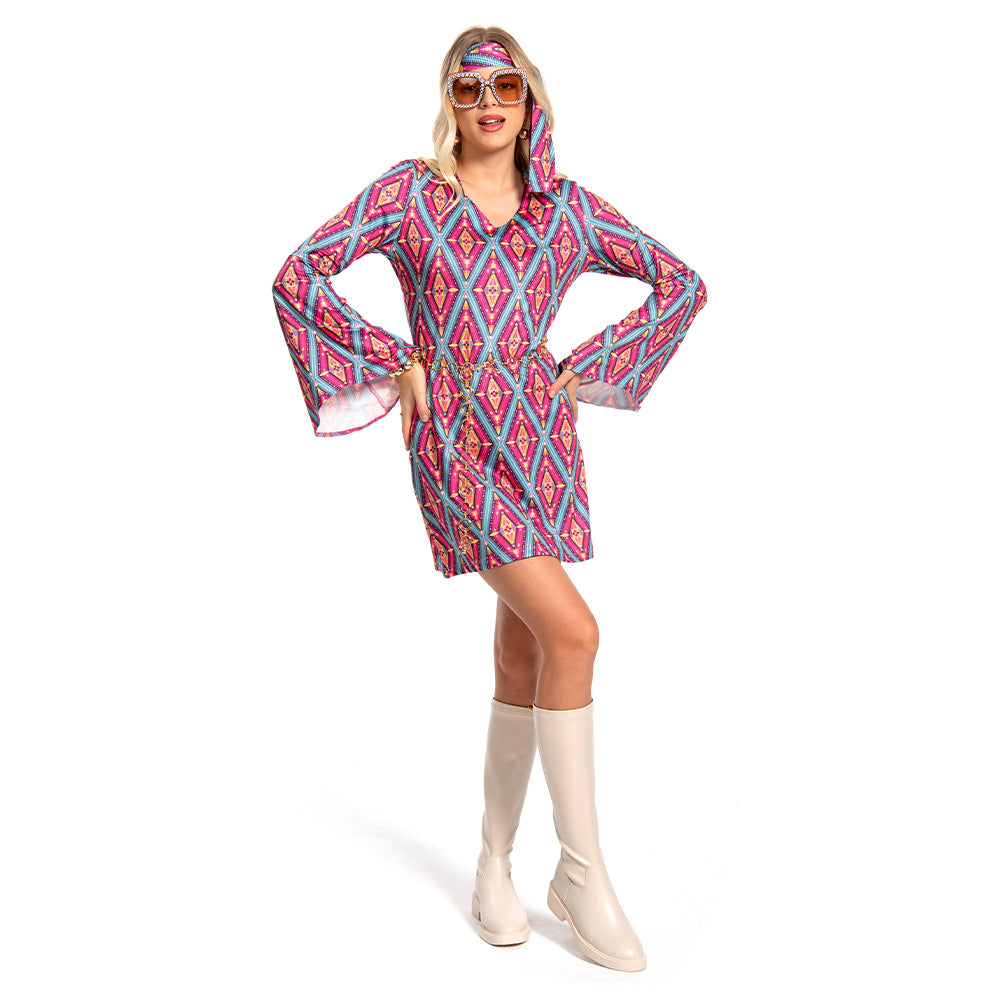 6Stück/Set Damen Retro Cosplay Kostüm Outfits Halloween Karneval Anzug 70er Jahre Party Kleid Vintage 70er Jahre Tanz Kostüm 70er Jahre Disco Kleid