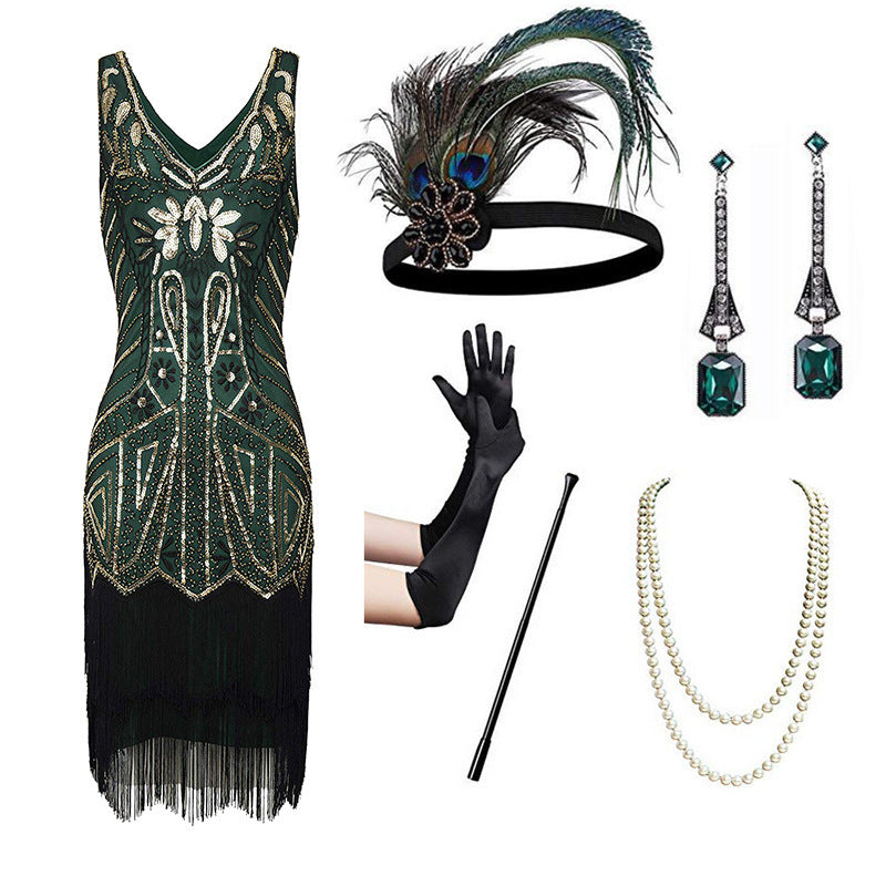 1920er Stil Damen Retro Flapper Kleider Charleston Kleid V Ausschnitt Motto Party Kleider