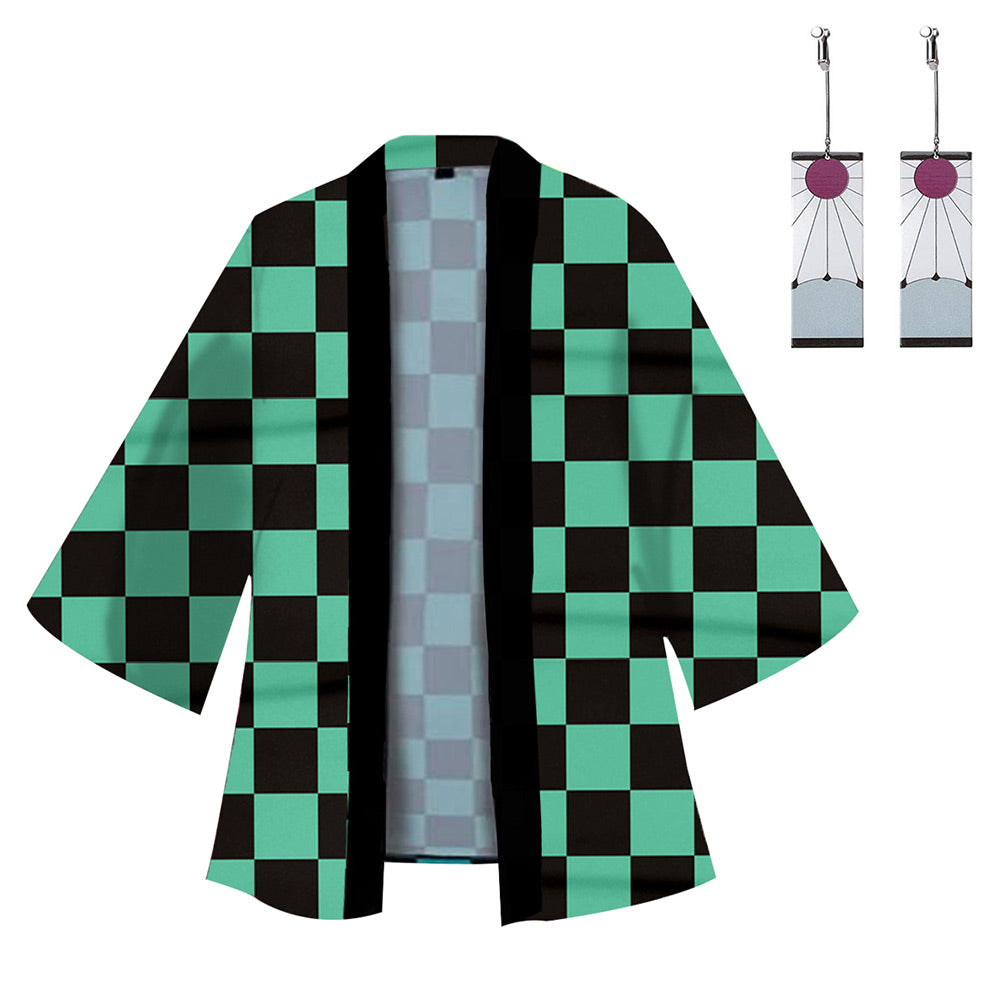 Demon Slayer: Kimetsu No Yaiba Kamado Tanjirou 3D Druck Umhang Erwachsene Unisex Haori mit Ohrringe