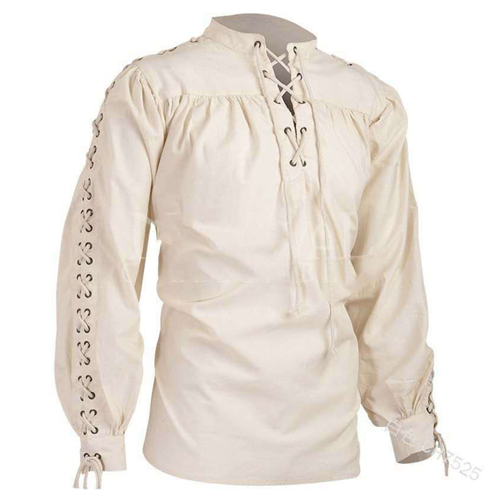 Herren T-Shirt langarm Stehkrage Schnüren Mittelalterliche Shirt Gotische Blusen