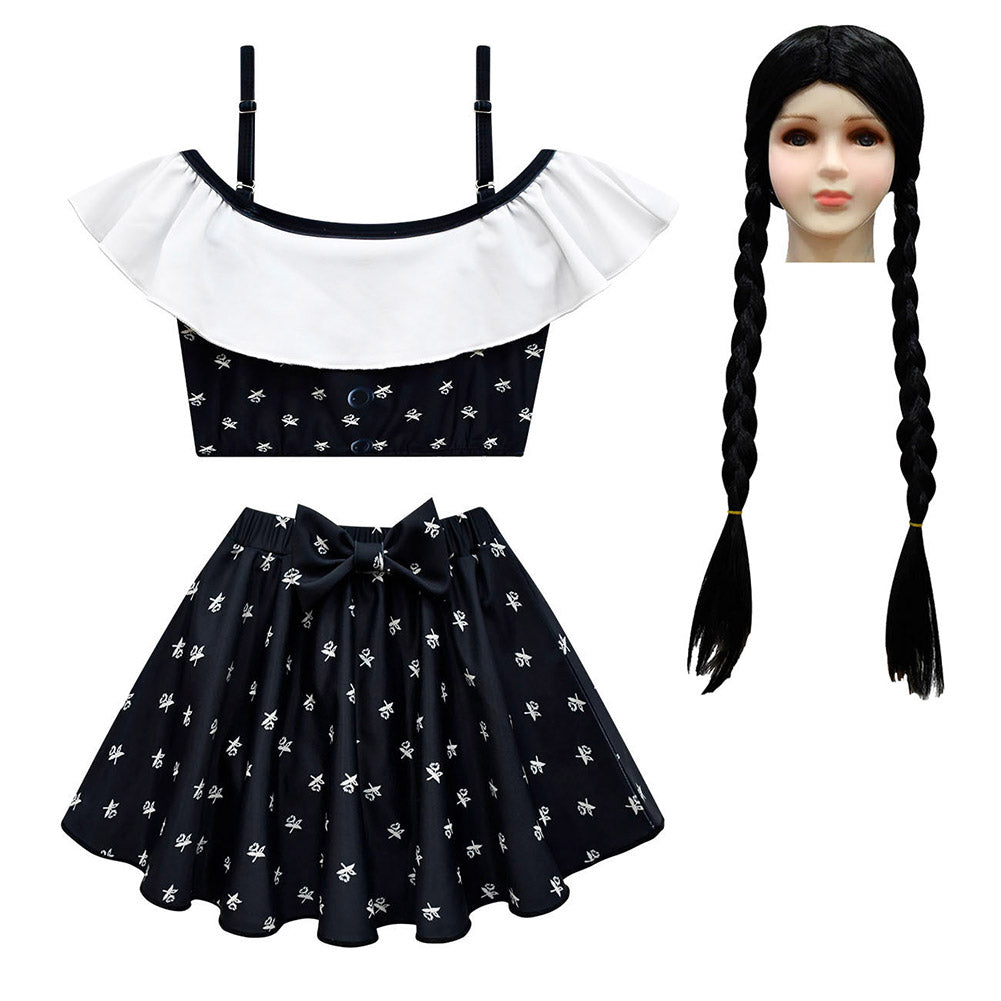 Kinder Mädchen Wednesday Addams Cosplay Kostüm Kleid Perücke Outfits Halloween Karneval Anzug