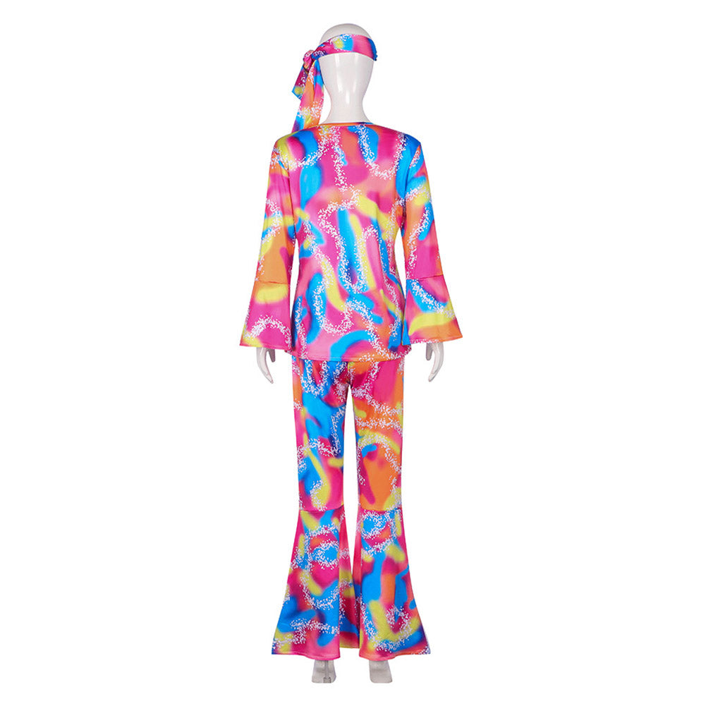 Damen Hippie Disco Cosplay Kostüm Oberteil Hose Stirnband Outfits Halloween Karneval Verkleidung Party