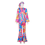 Damen Hippie Disco Cosplay Kostüm Oberteil Hose Stirnband Outfits Halloween Karneval Verkleidung Party