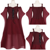 Damen Halloween Weinrot Hexe Cosplay Solid Vintage Flare Ärmel Kleid Kostüm Outfits
