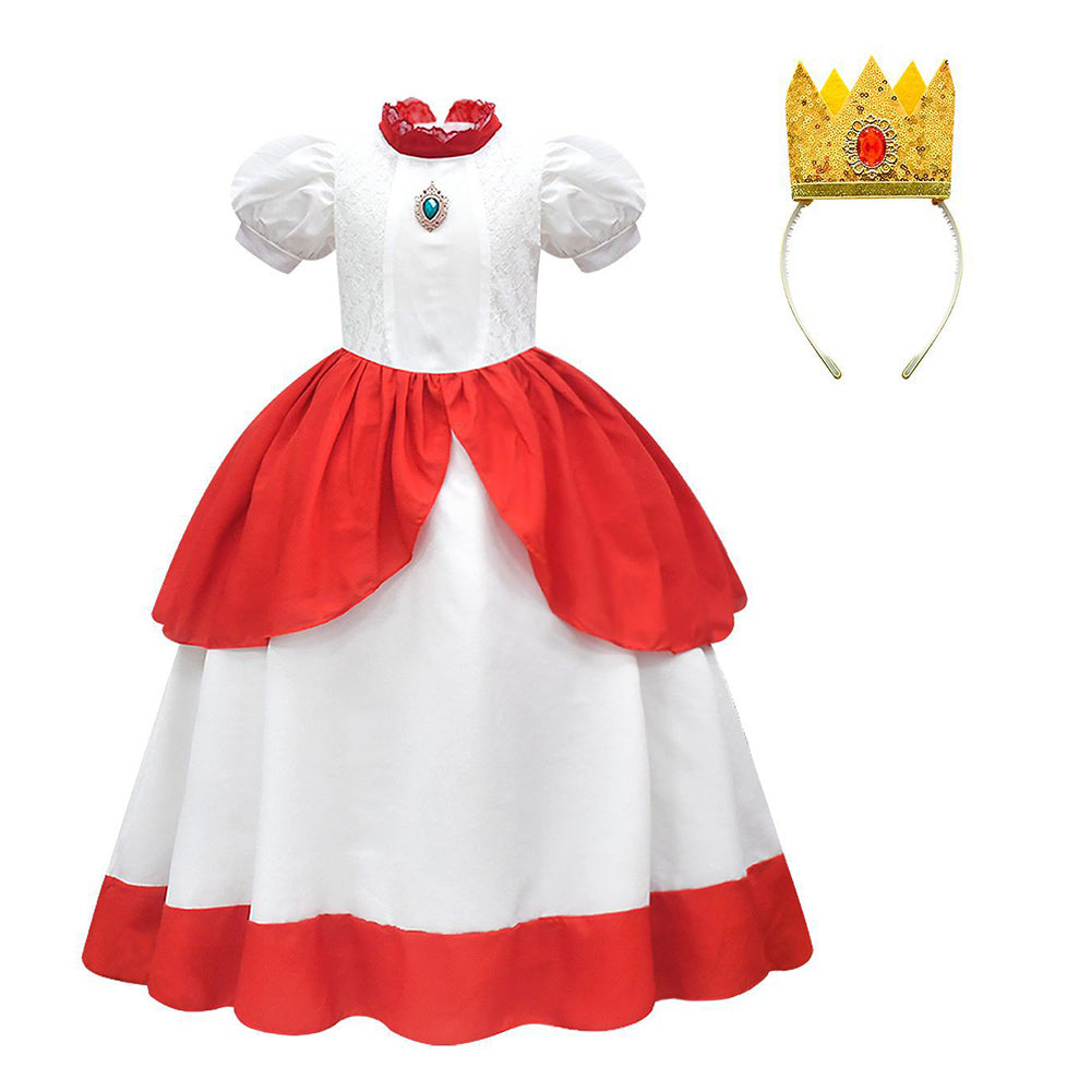Kinder Mädchen Super Mario Pfirsich Kleid Cosplay Kostüm Kleid Krone Halloween Karneval Verkleidung Rollenspiel Anzug
