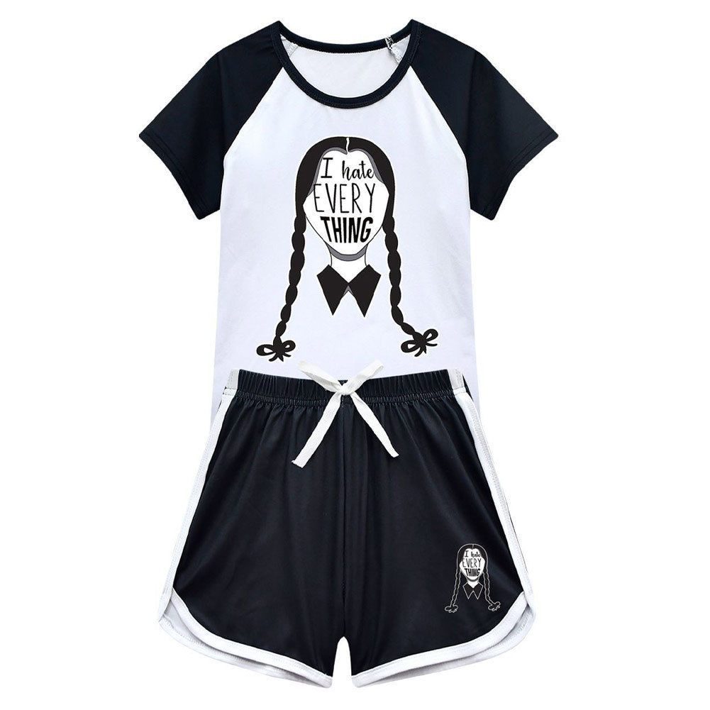 Kinder Wednesday Addams Cosplay Mädchen T-shirt Kostüm Outfits Halloween Karneval Party Anzug
