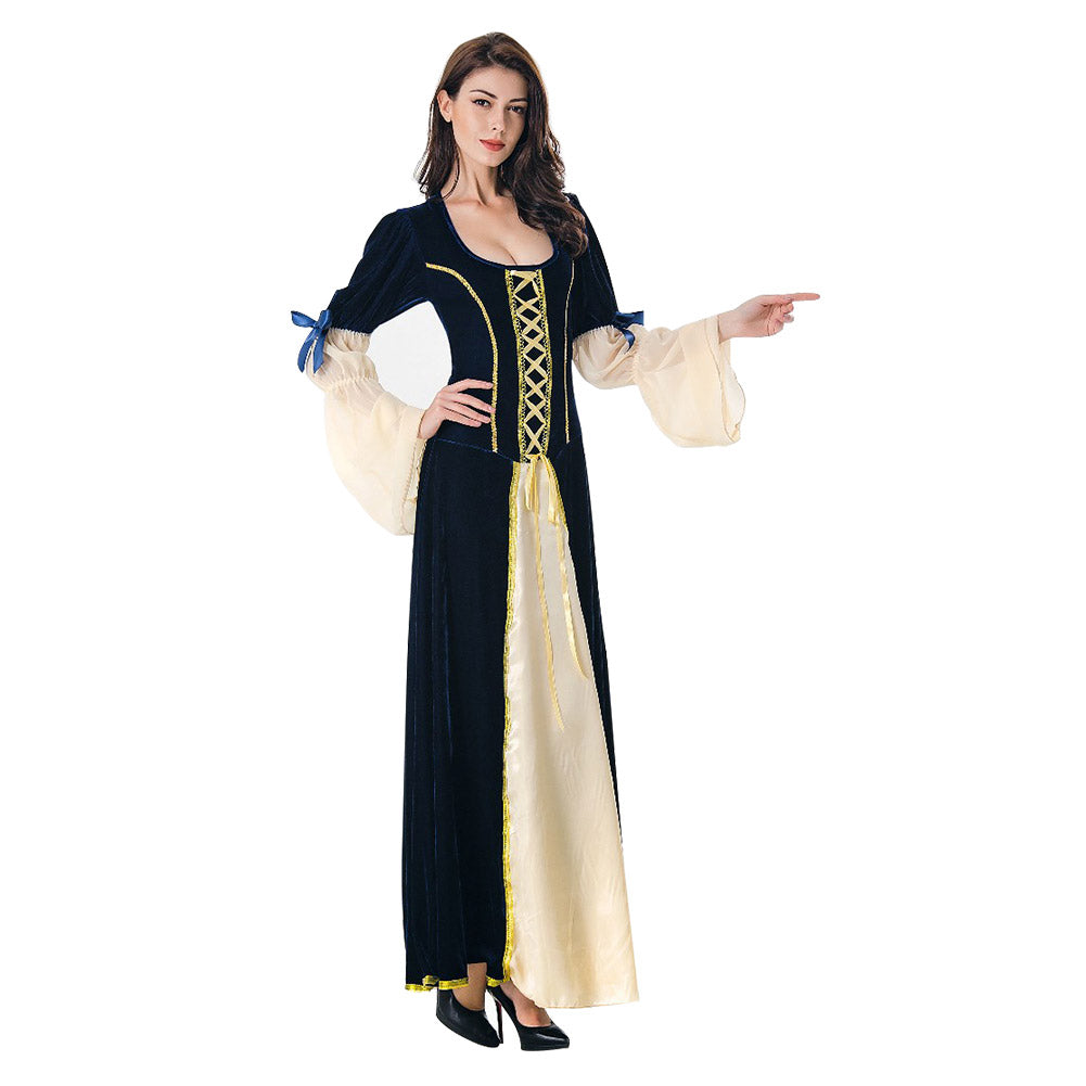 Damen Retro Mittelalter Renaissance Kostüm Tief Rundhals Königin Party Kleid