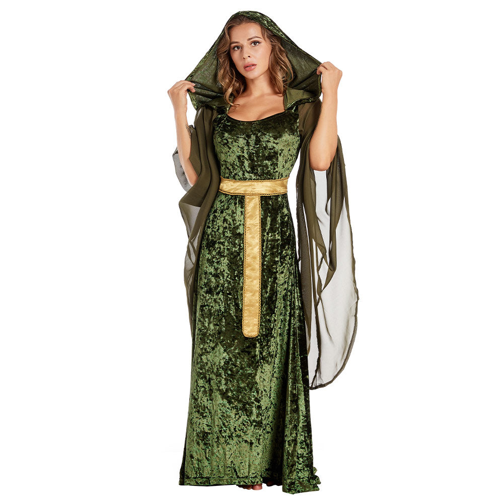Damen Mittelalter Kleid mit Kapuze Halloween Karneval Cosplay Kleid