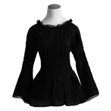 Damen Mittelalter Oberteil Top Langarm Gothic Viktorianischen Baumwolle Bluse O-Ausschnitt Renaissance