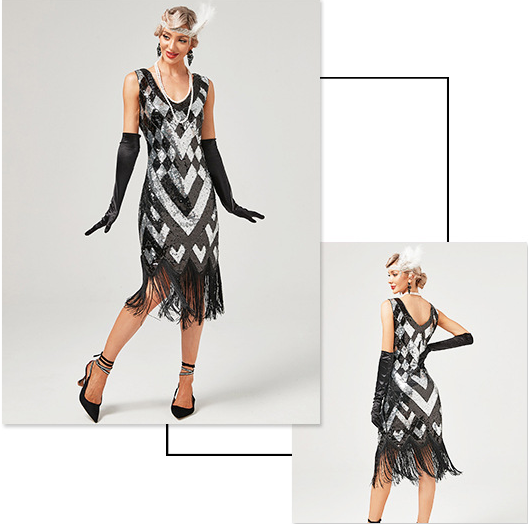 Damen Retro 1920er Stil Flapper Kleider Charleston Kleid V Ausschnitt Motto Party Kleider