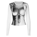 Damen Y2K Herbst Langarm Print Shirt Cosplay Kostüm Outfits 3D Body Druck Tops