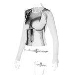 Damen Y2K Herbst Langarm Print Shirt Cosplay Kostüm Outfits 3D Body Druck Tops