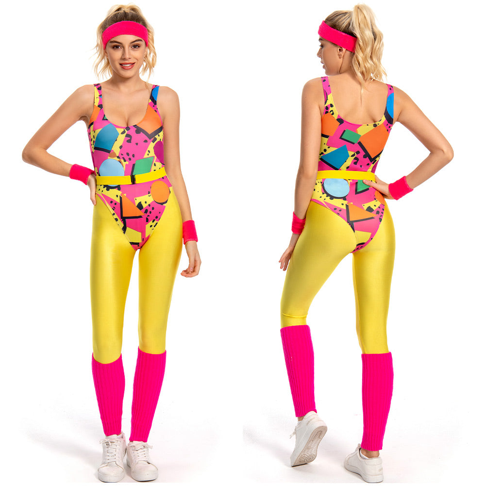 Damen 6Stück/Set 80er 90er Jahre Legging Cosplay Kostüm Sportbekleidung Stirnband Outfits Halloween Karneval Anzug