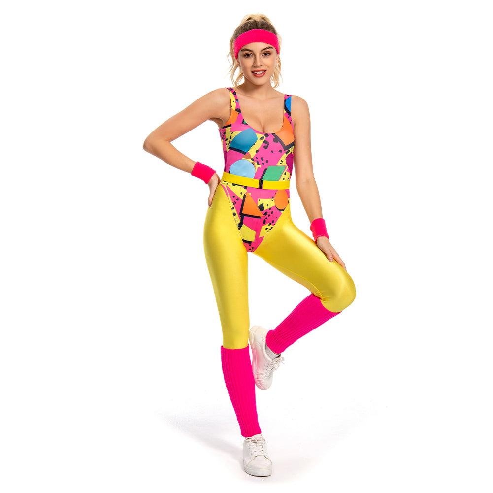 Damen 6Stück/Set 80er 90er Jahre Legging Cosplay Kostüm Sportbekleidung Stirnband Outfits Halloween Karneval Anzug