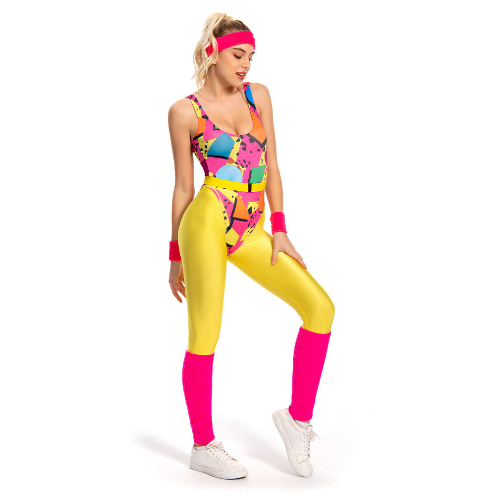 Damen 6Stück/Set 80er 90er Jahre Legging Cosplay Kostüm Sportbekleidung Stirnband Outfits Halloween Karneval Anzug