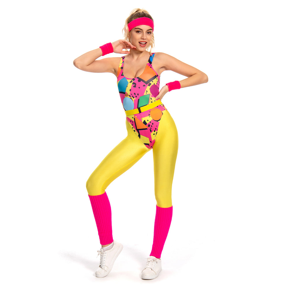 Damen 6Stück/Set 80er 90er Jahre Legging Cosplay Kostüm Sportbekleidung Stirnband Outfits Halloween Karneval Anzug