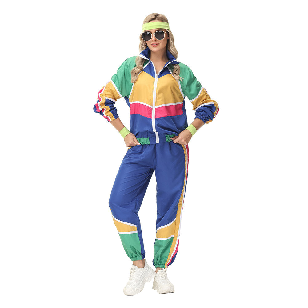 Damen Retro Vintage Hip-Hop Disco Cosplay Kostüm Jacke Hose Stirnband Sprotwear Outfits 70er 80er Jahre