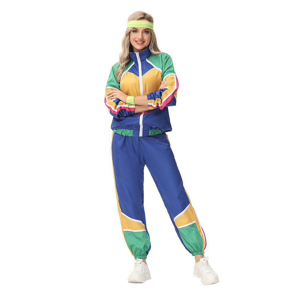 Damen Retro Vintage Hip-Hop Disco Cosplay Kostüm Jacke Hose Stirnband Sprotwear Outfits 70er 80er Jahre