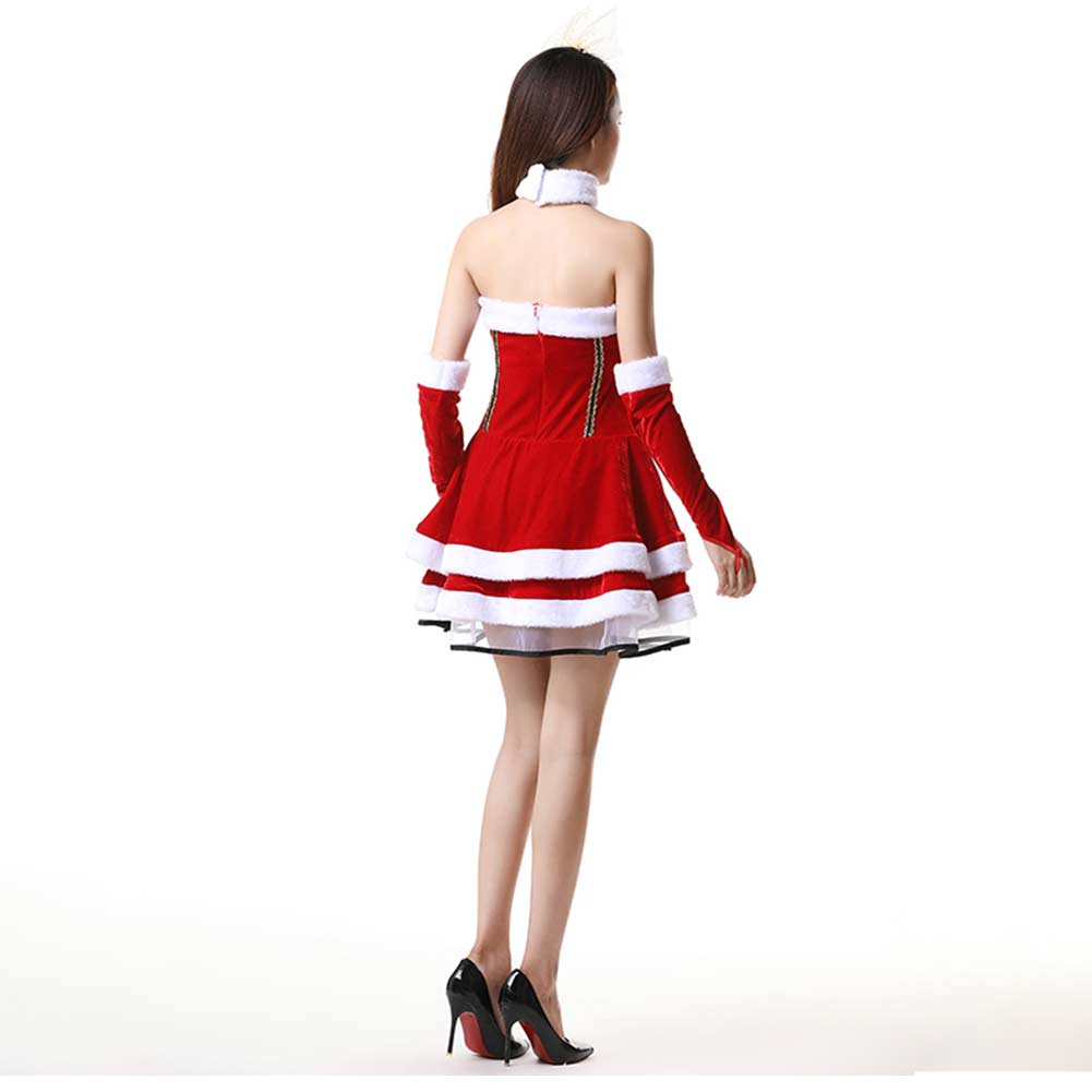 Damen Rot weihnachten schulterfreies Kleid transparentem Netz Kanarienvogel Samt Santa Kleid