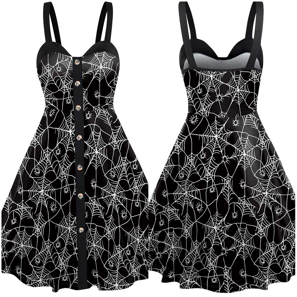 Damen Spinnennetz Druck Kleid Cosplay Kostüm Outfits Halloween Karneval Anzug