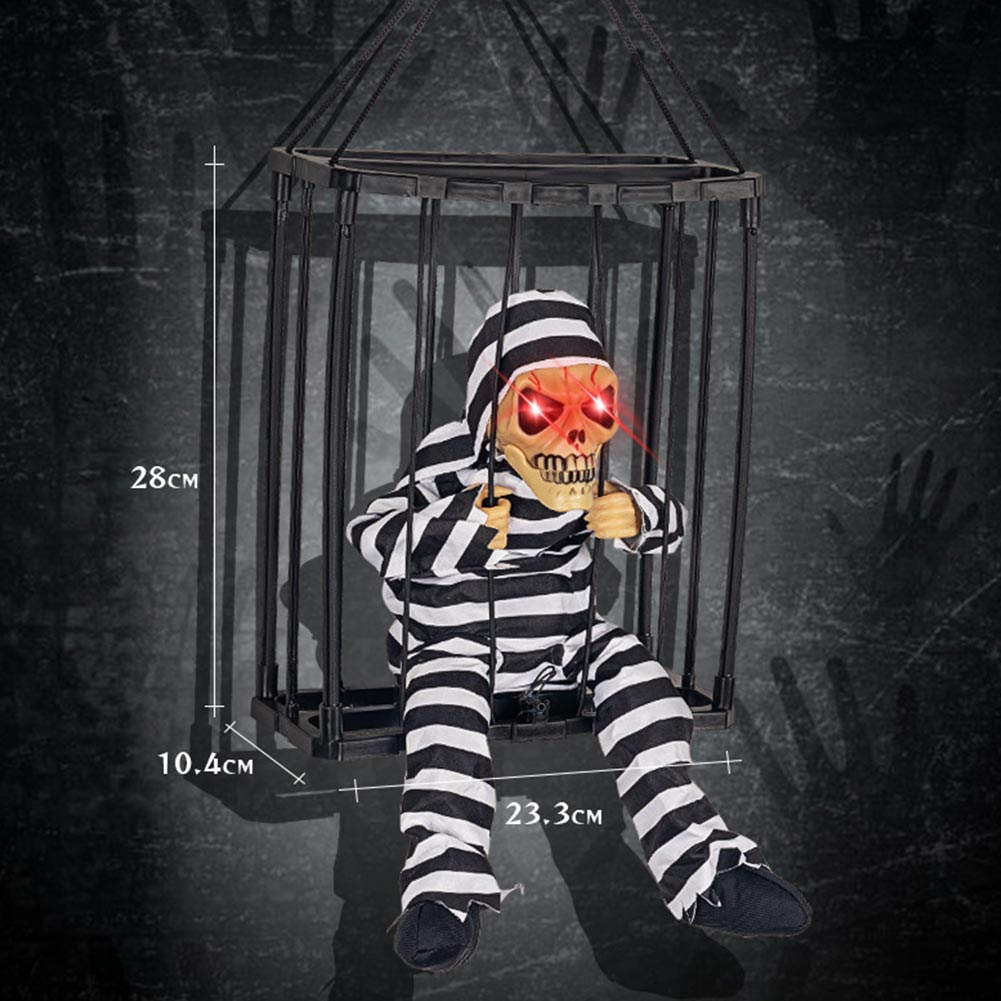Halloween Skelett Gefangener Gefangener Käfig Grusel Horror Blinkendes Licht Spielzeug Sound Puppe Gruselige Rede Geist Gefangener Dekoration Haus Party Requisiten