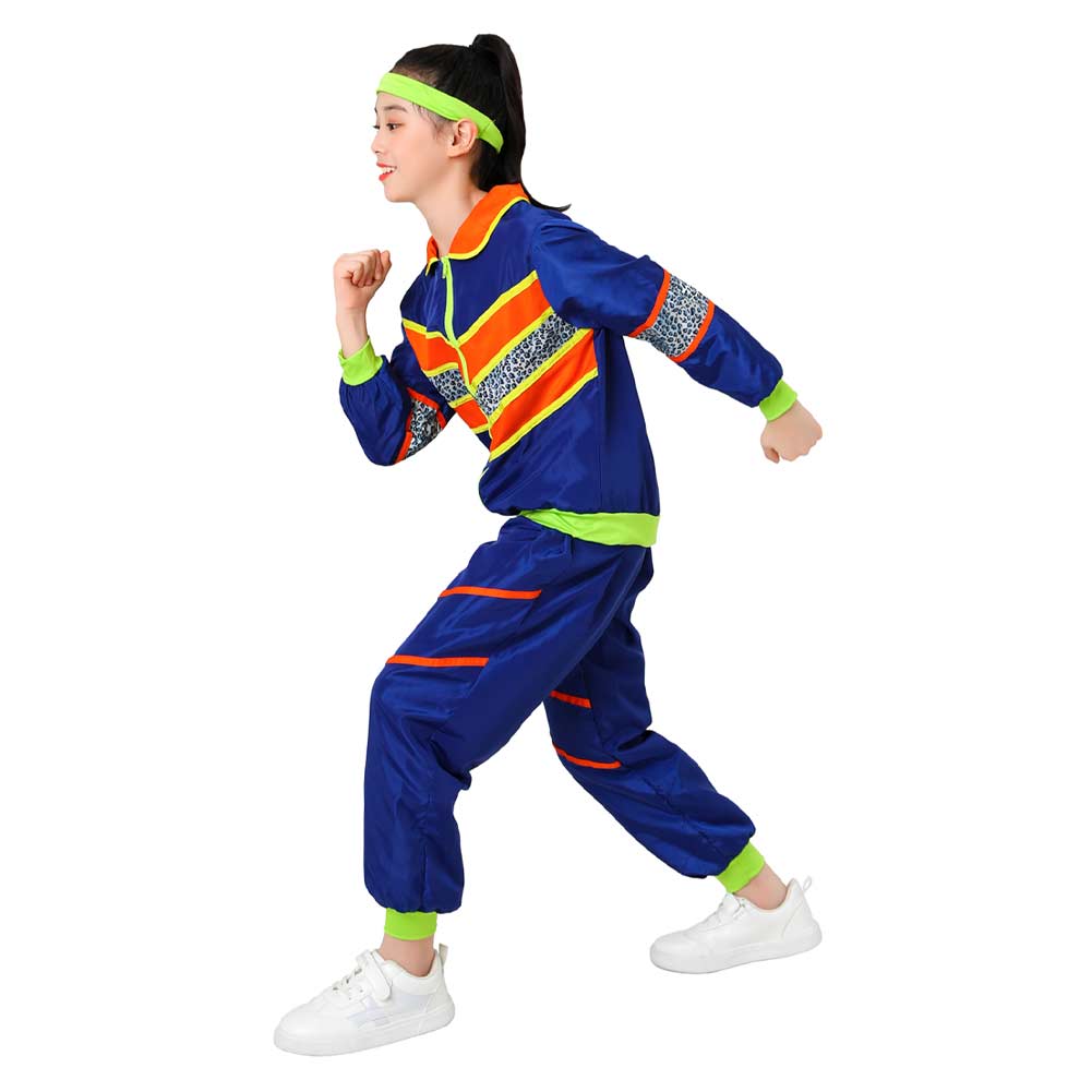 Kinder blau Vintage Disco 70er 80er Sportbekleidung Top Hose Cosplay Kostüm Outfits Halloween Karneval Party Anzug